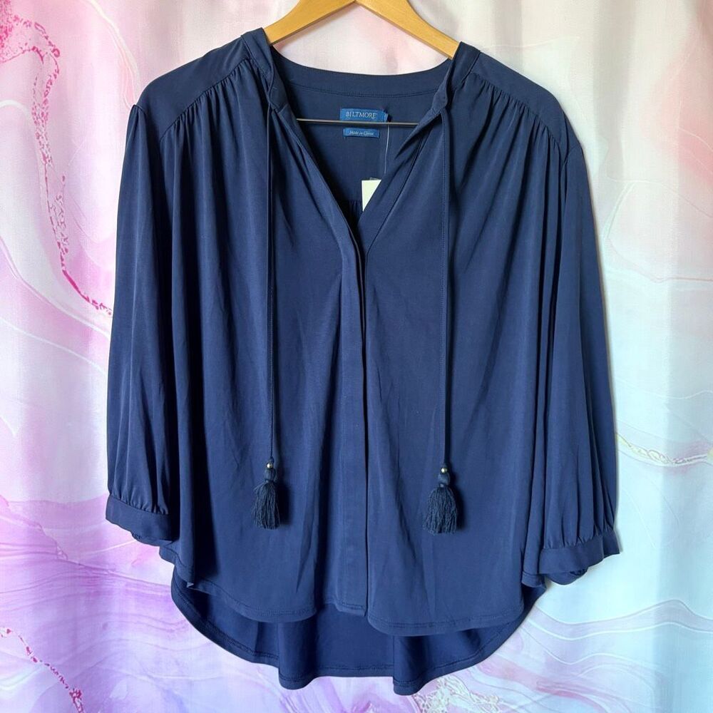 Biltmore L Navy Blue 3/4 Sleeve Blouse NWT Professional Boardwalk Preppy Luxury